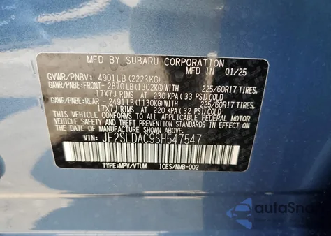 2025 Subaru Forester z USA, uszkodzony, nr VIN JF2SLDAC9SH547547